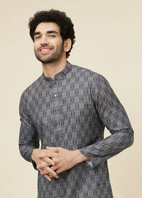 alt message - Manyavar Men Steel Blue Ogee Patterned Kurta image number 0