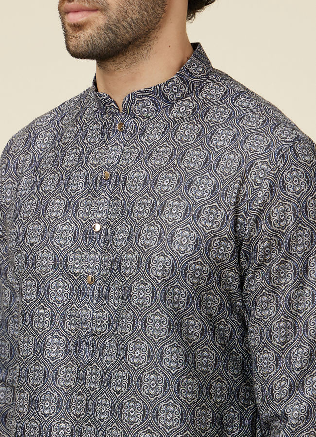 Manyavar Men Steel Blue Ogee Patterned Kurta