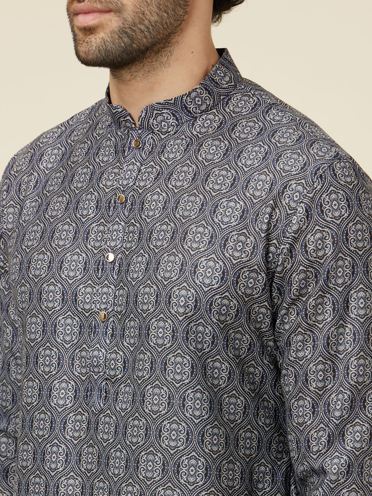 Manyavar Men Steel Blue Ogee Patterned Kurta