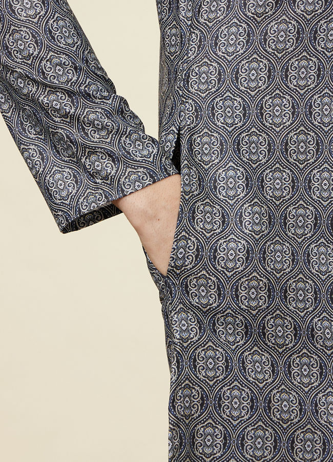 Manyavar Men Steel Blue Ogee Patterned Kurta