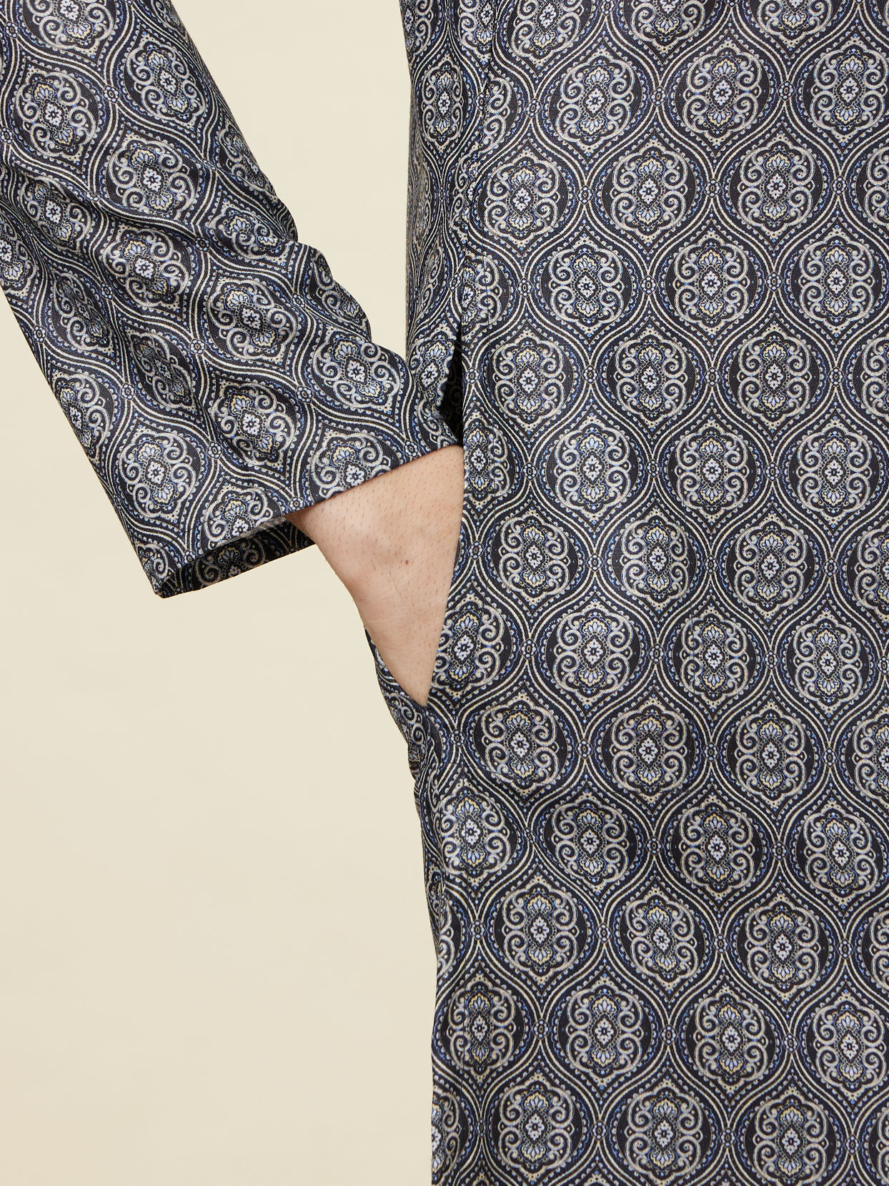 Manyavar Men Steel Blue Ogee Patterned Kurta