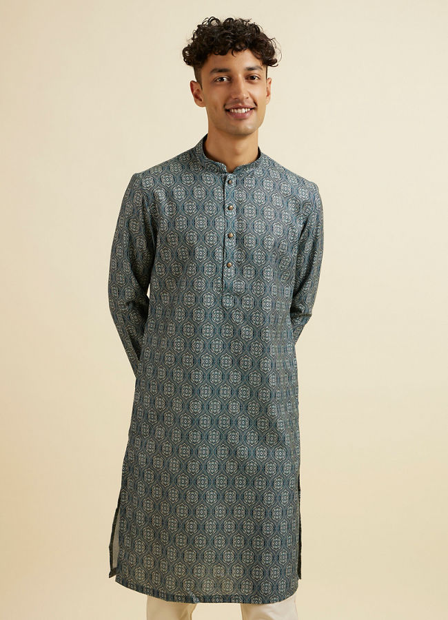 Manyavar Men Dark Green Ogee Patterned Kurta