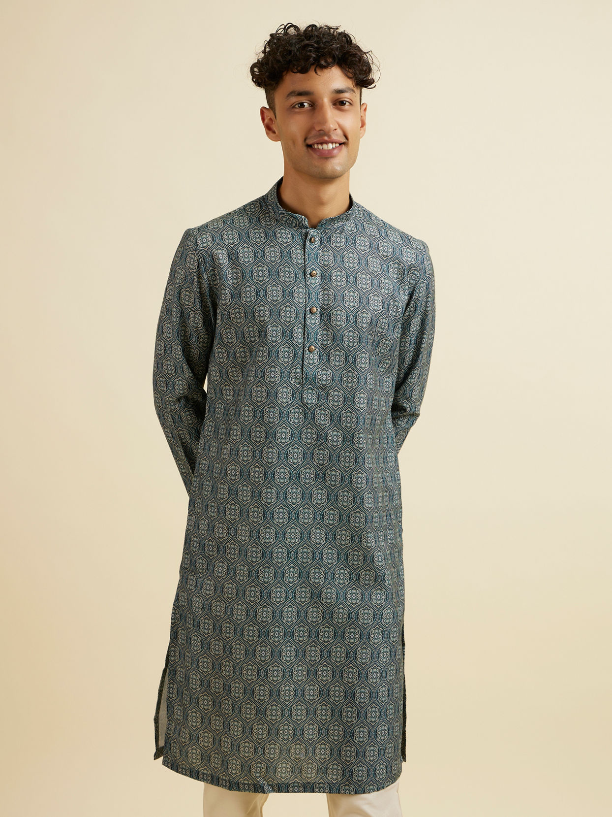 alt message - Manyavar Men Dark Green Ogee Patterned Kurta image number 0