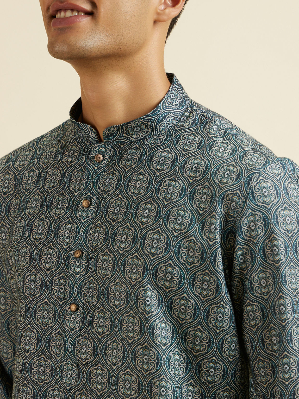 Manyavar Men Dark Green Ogee Patterned Kurta