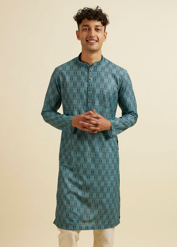 Manyavar Men Teal Green Ogee Patterned Kurta