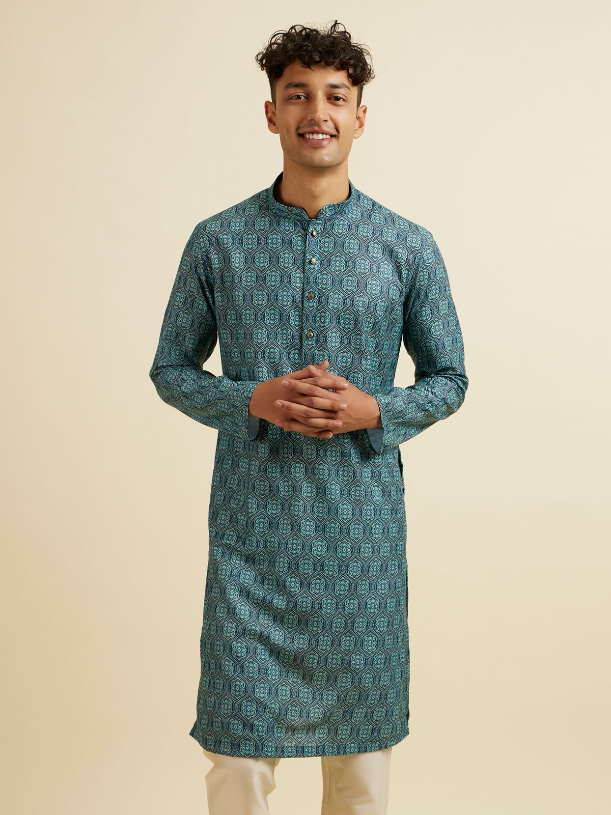Manyavar Men Teal Green Ogee Patterned Kurta