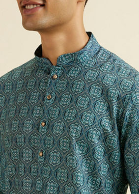 alt message - Manyavar Men Teal Green Ogee Patterned Kurta image number 1