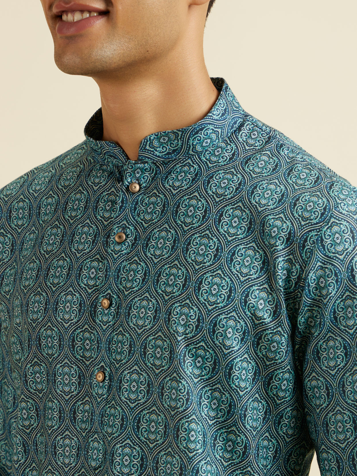 alt message - Manyavar Men Teal Green Ogee Patterned Kurta image number 1