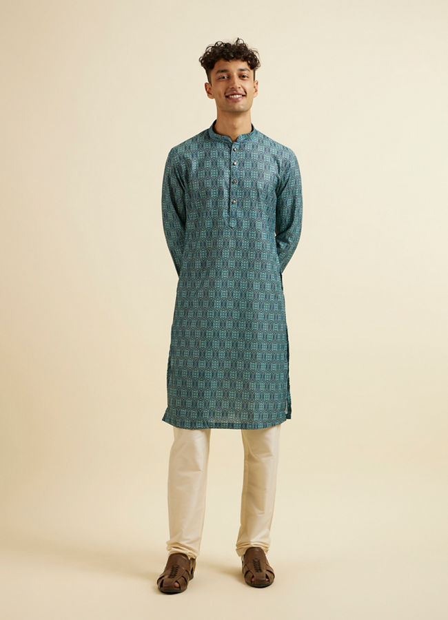 Manyavar Men Teal Green Ogee Patterned Kurta