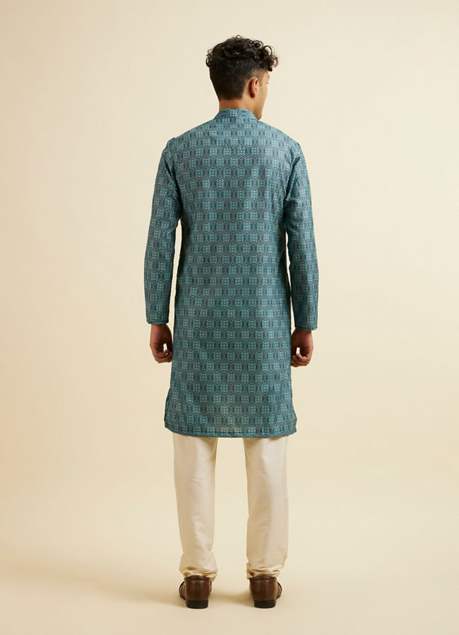 alt message - Manyavar Men Teal Green Ogee Patterned Kurta image number 4