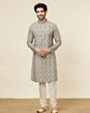 alt message - Manyavar Men Soft Beige Jaal Patterned Kurta image number 2