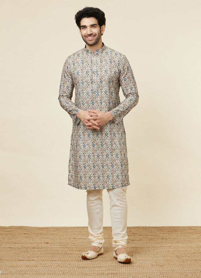 Manyavar Men Soft Beige Jaal Patterned Kurta