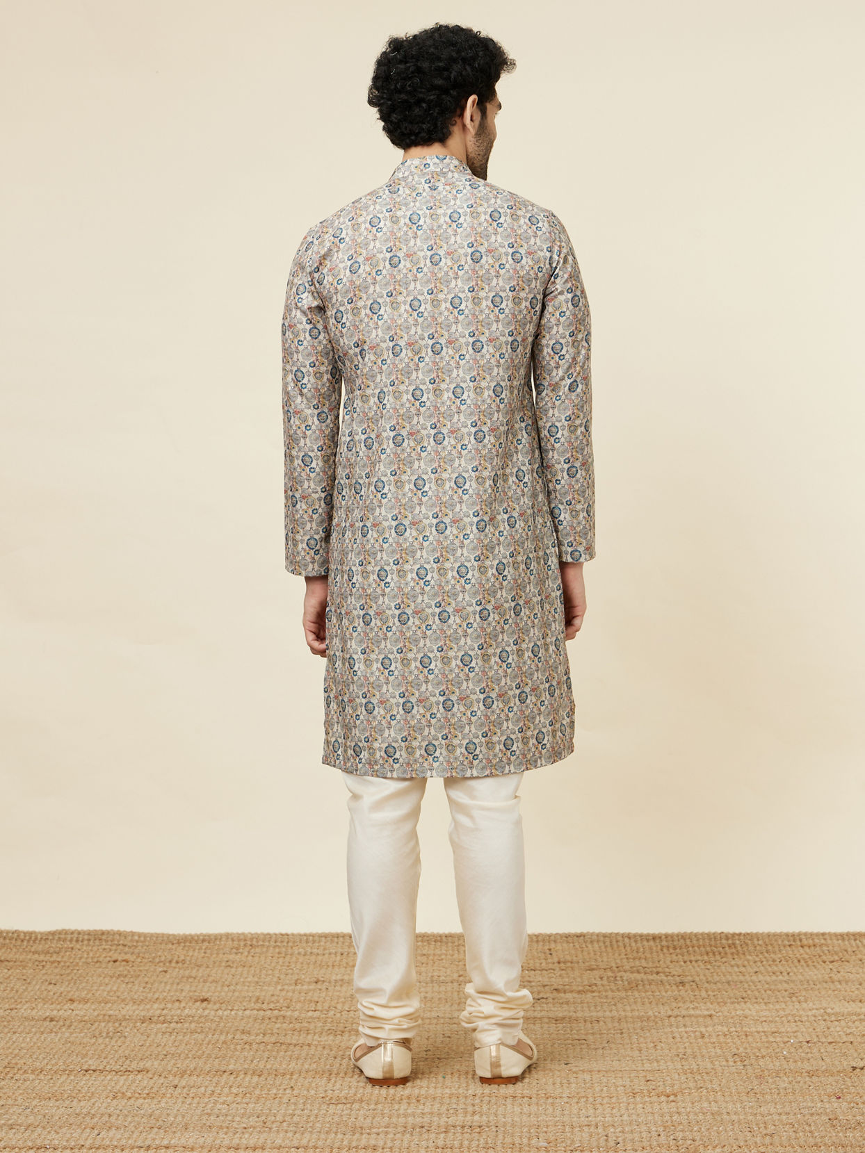 Manyavar Men Soft Beige Jaal Patterned Kurta