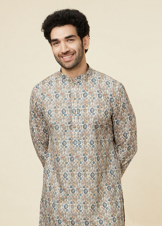 Manyavar Men Soft Beige Jaal Patterned Kurta