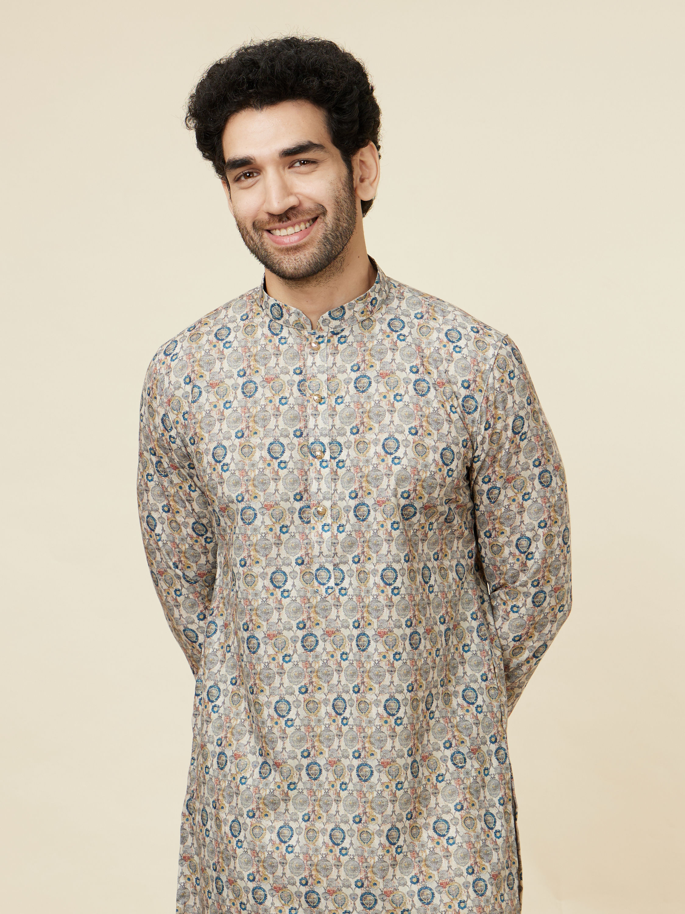 Manyavar Men Soft Beige Jaal Patterned Kurta