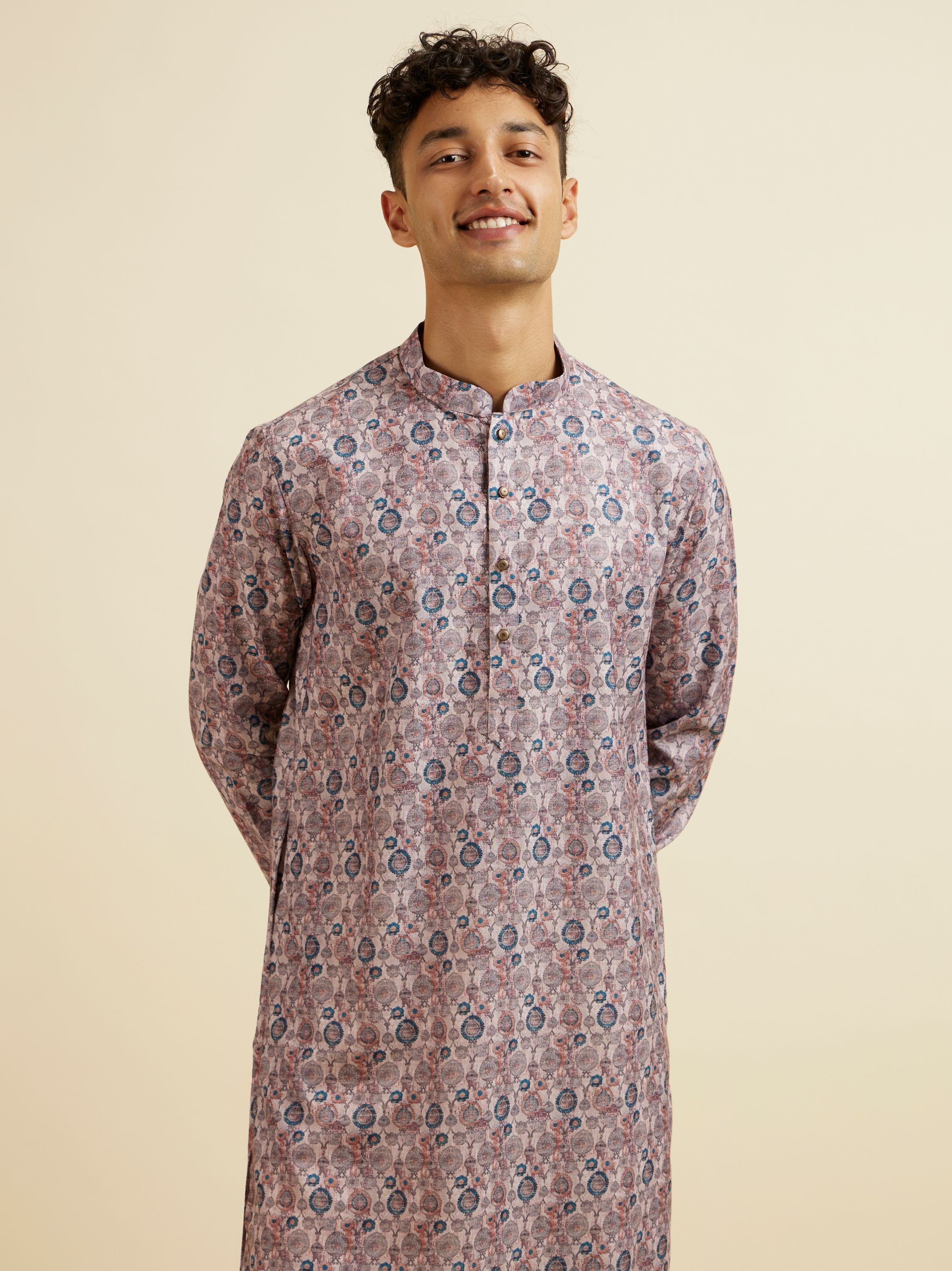 Manyavar Men Peach Jaal Patterned Kurta