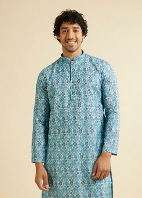 alt message - Manyavar Men Turquoise Blue Jaal Patterned Kurta image number 0