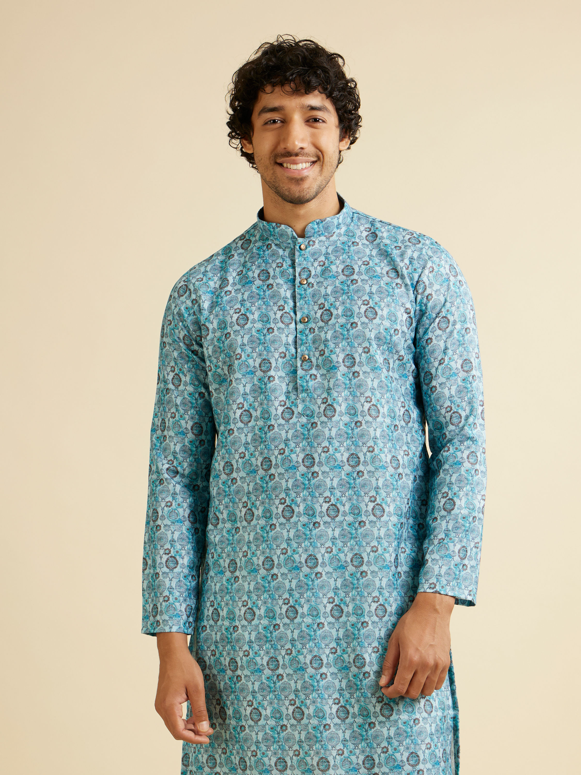 Manyavar Men Turquoise Blue Jaal Patterned Kurta