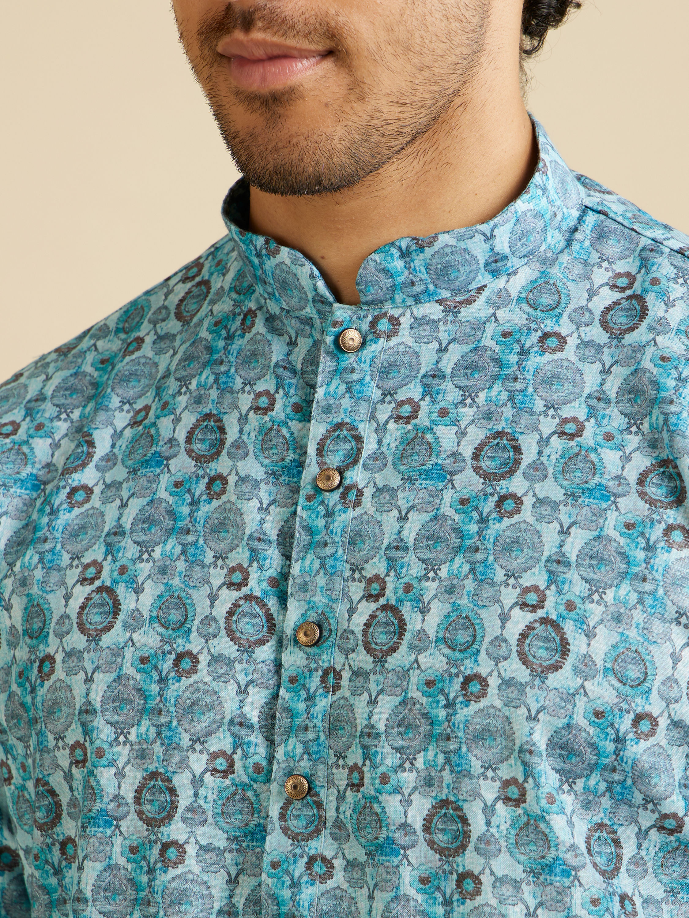 Manyavar Men Turquoise Blue Jaal Patterned Kurta