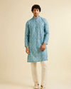 alt message - Manyavar Men Turquoise Blue Jaal Patterned Kurta image number 2