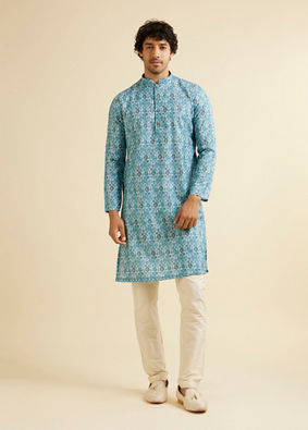 alt message - Manyavar Men Turquoise Blue Jaal Patterned Kurta image number 2