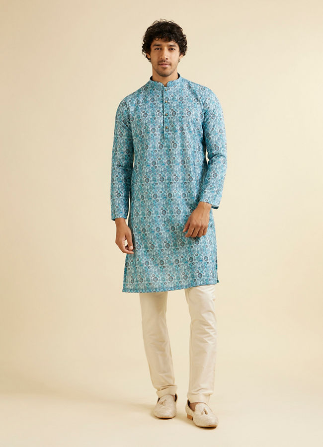 Manyavar Men Turquoise Blue Jaal Patterned Kurta