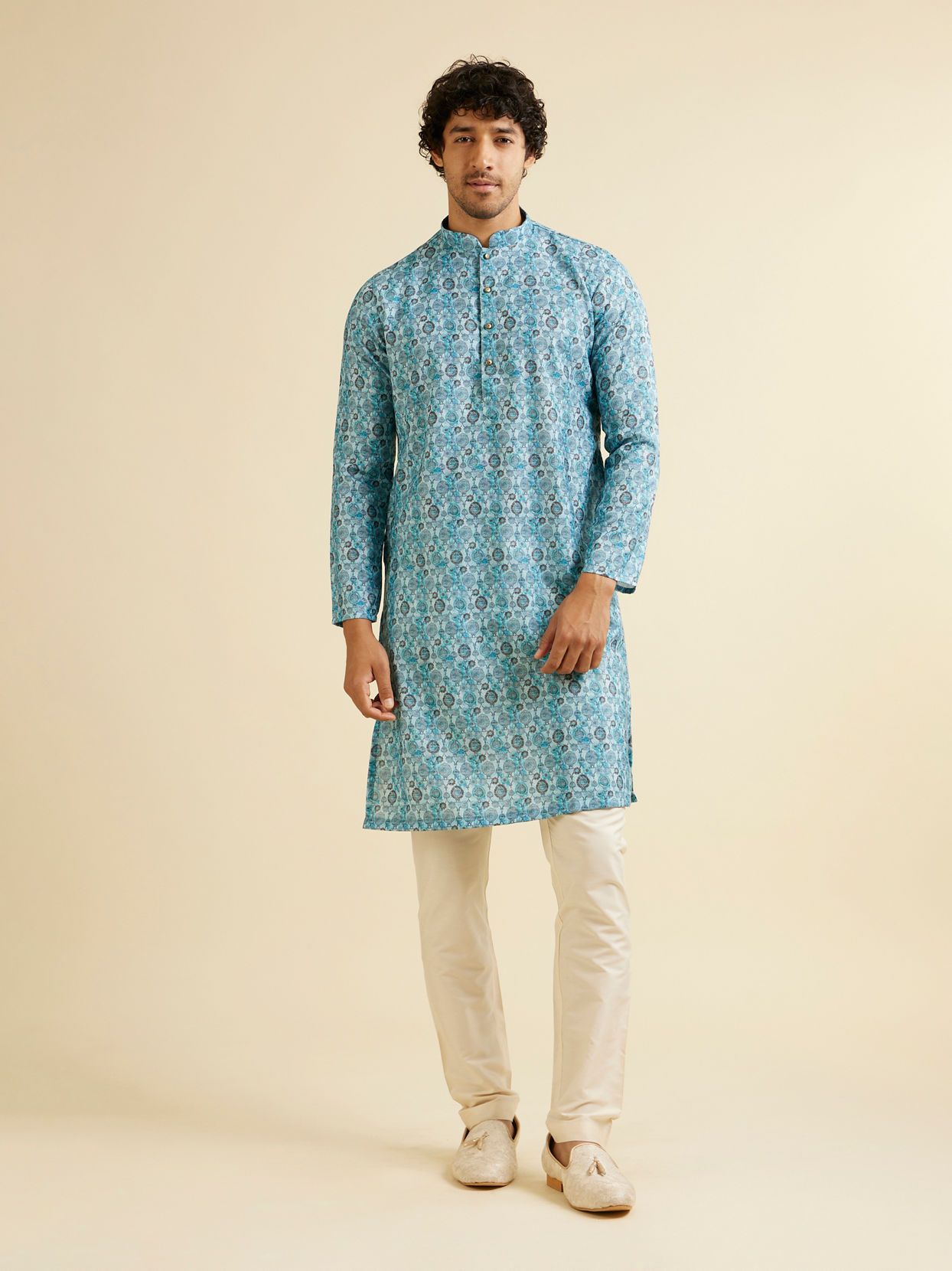 Manyavar Men Turquoise Blue Jaal Patterned Kurta