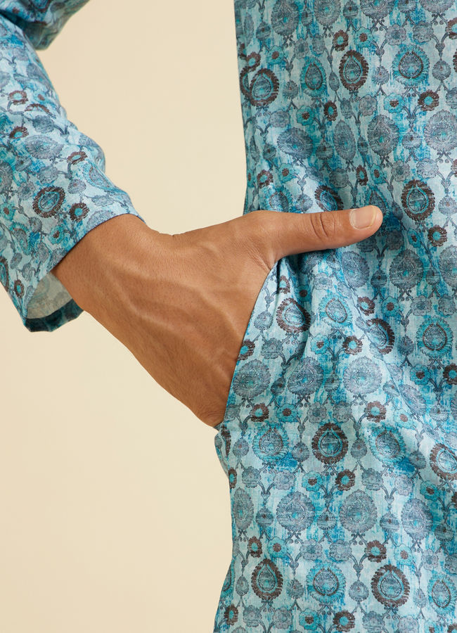 alt message - Manyavar Men Turquoise Blue Jaal Patterned Kurta image number 3