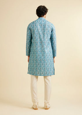 alt message - Manyavar Men Turquoise Blue Jaal Patterned Kurta image number 4