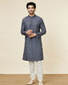 Manyavar Men Ink Blue Jaal and Medallion Patterned Kurta