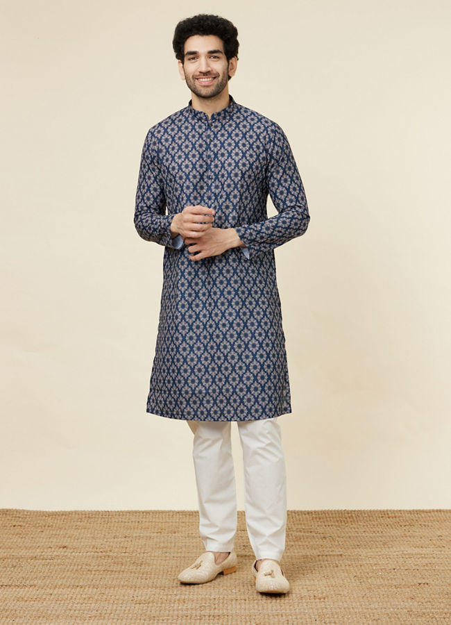 Manyavar Men Ink Blue Jaal and Medallion Patterned Kurta