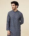 alt message - Manyavar Men Ink Blue Jaal and Medallion Patterned Kurta image number 0