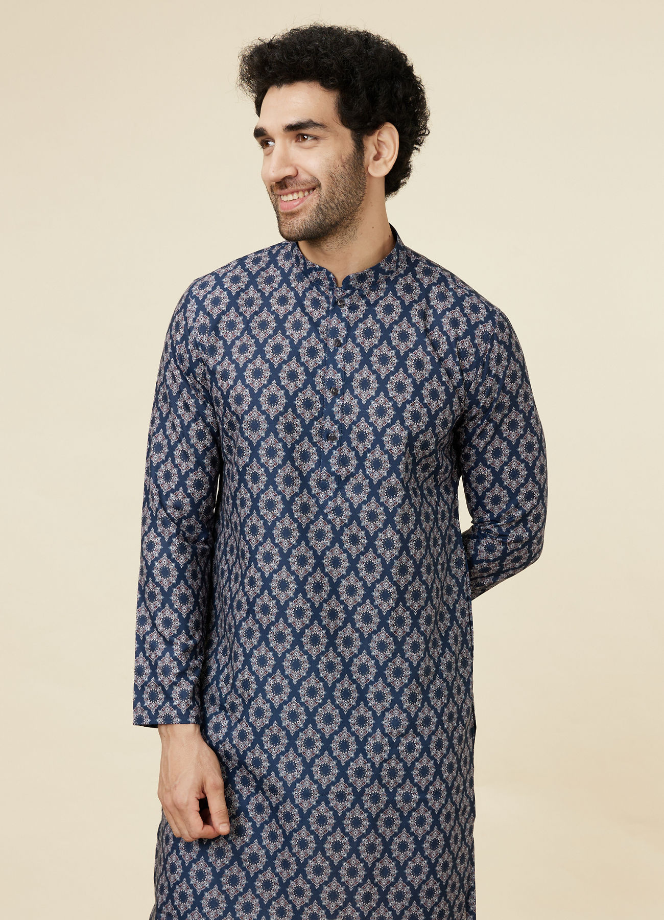 Manyavar Men Ink Blue Jaal and Medallion Patterned Kurta