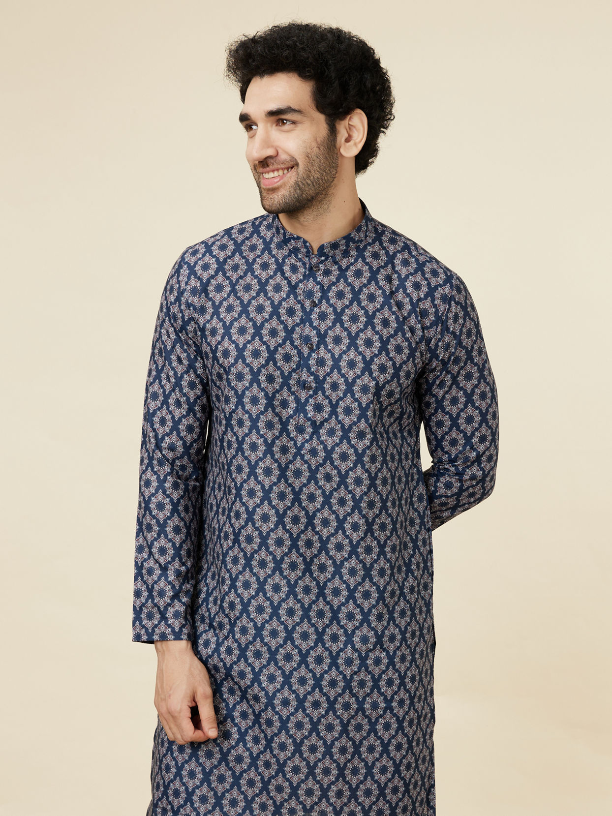 alt message - Manyavar Men Ink Blue Jaal and Medallion Patterned Kurta image number 0