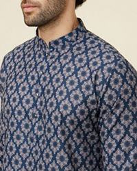 Manyavar Men Ink Blue Jaal and Medallion Patterned Kurta