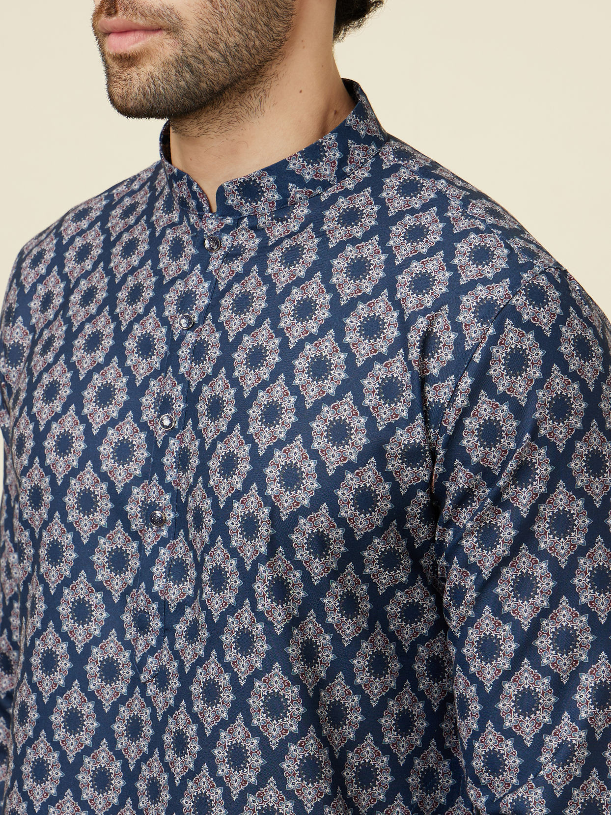 Manyavar Men Ink Blue Jaal and Medallion Patterned Kurta