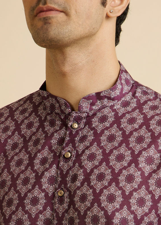 Manyavar Men Wine Jaal and Medallion Patterned Kurta