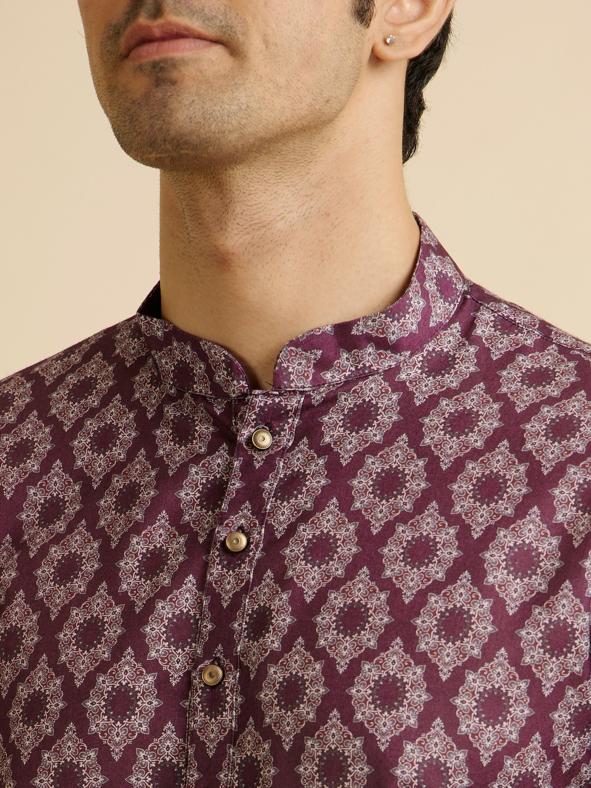 Manyavar Men Wine Jaal and Medallion Patterned Kurta