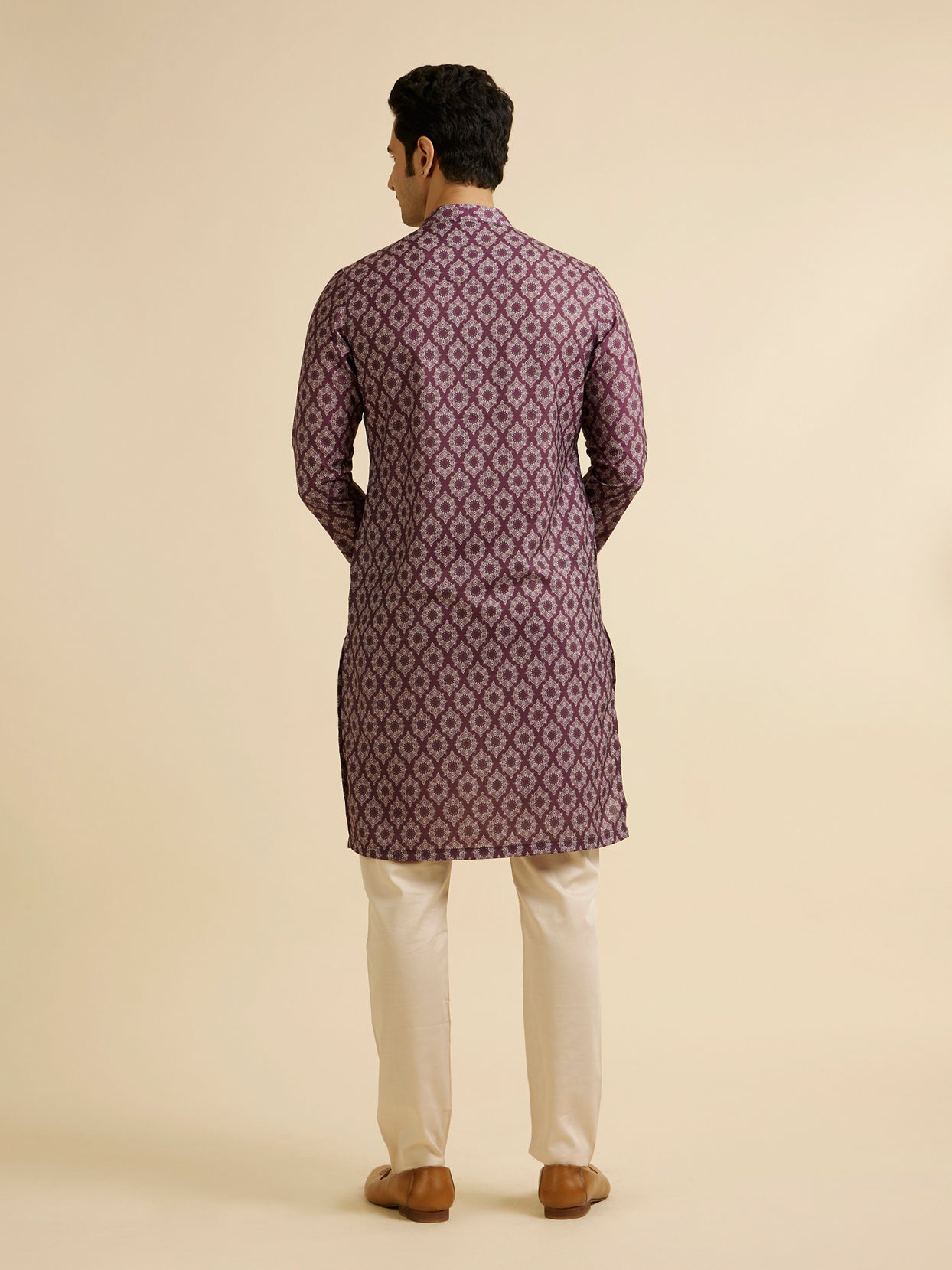 Manyavar Men Wine Jaal and Medallion Patterned Kurta