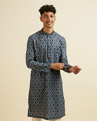 alt message - Manyavar Men Teal Green Jaal and Medallion Patterned Kurta image number 0