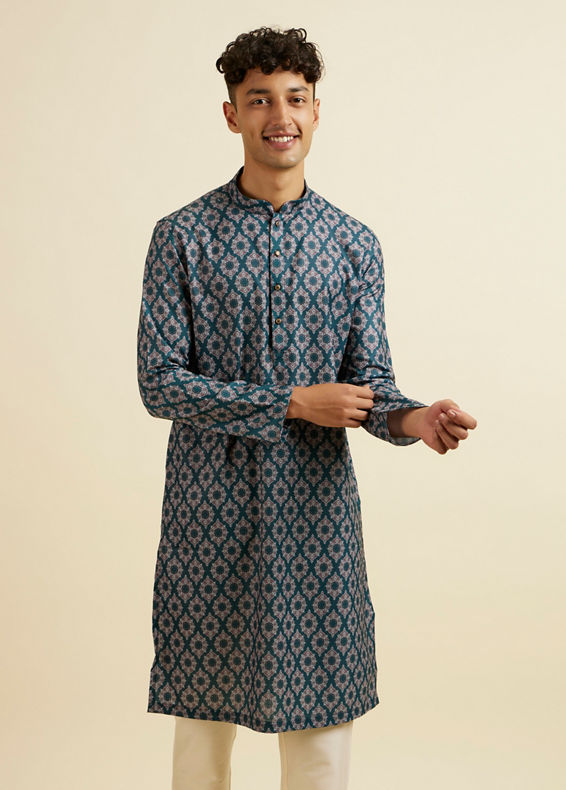 Manyavar Men Teal Green Jaal and Medallion Patterned Kurta