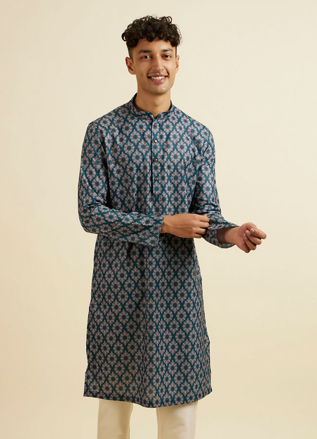 alt message - Manyavar Men Teal Green Jaal and Medallion Patterned Kurta image number 0