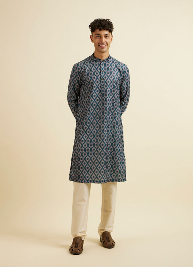 alt message - Manyavar Men Teal Green Jaal and Medallion Patterned Kurta image number 2