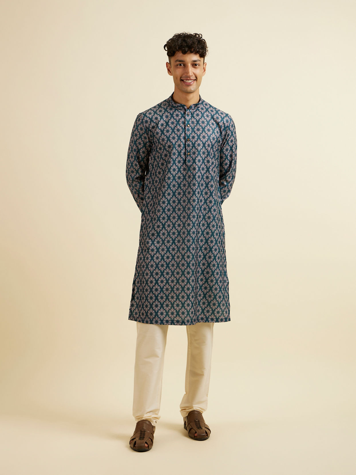 Manyavar Men Teal Green Jaal and Medallion Patterned Kurta