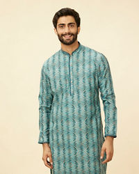 Manyavar Men Turquoise Geometric Floral Printed Kurta