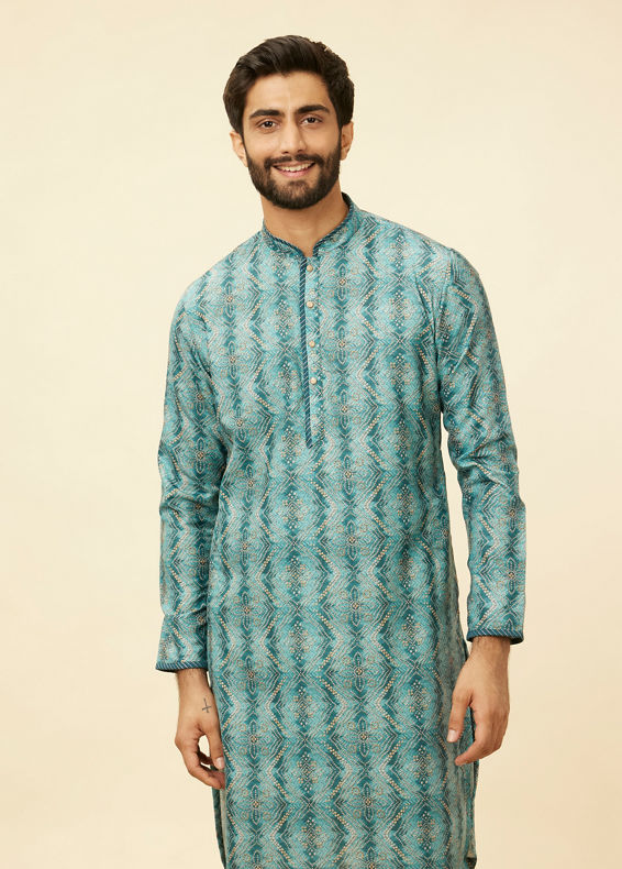 Manyavar Men Turquoise Geometric Floral Printed Kurta