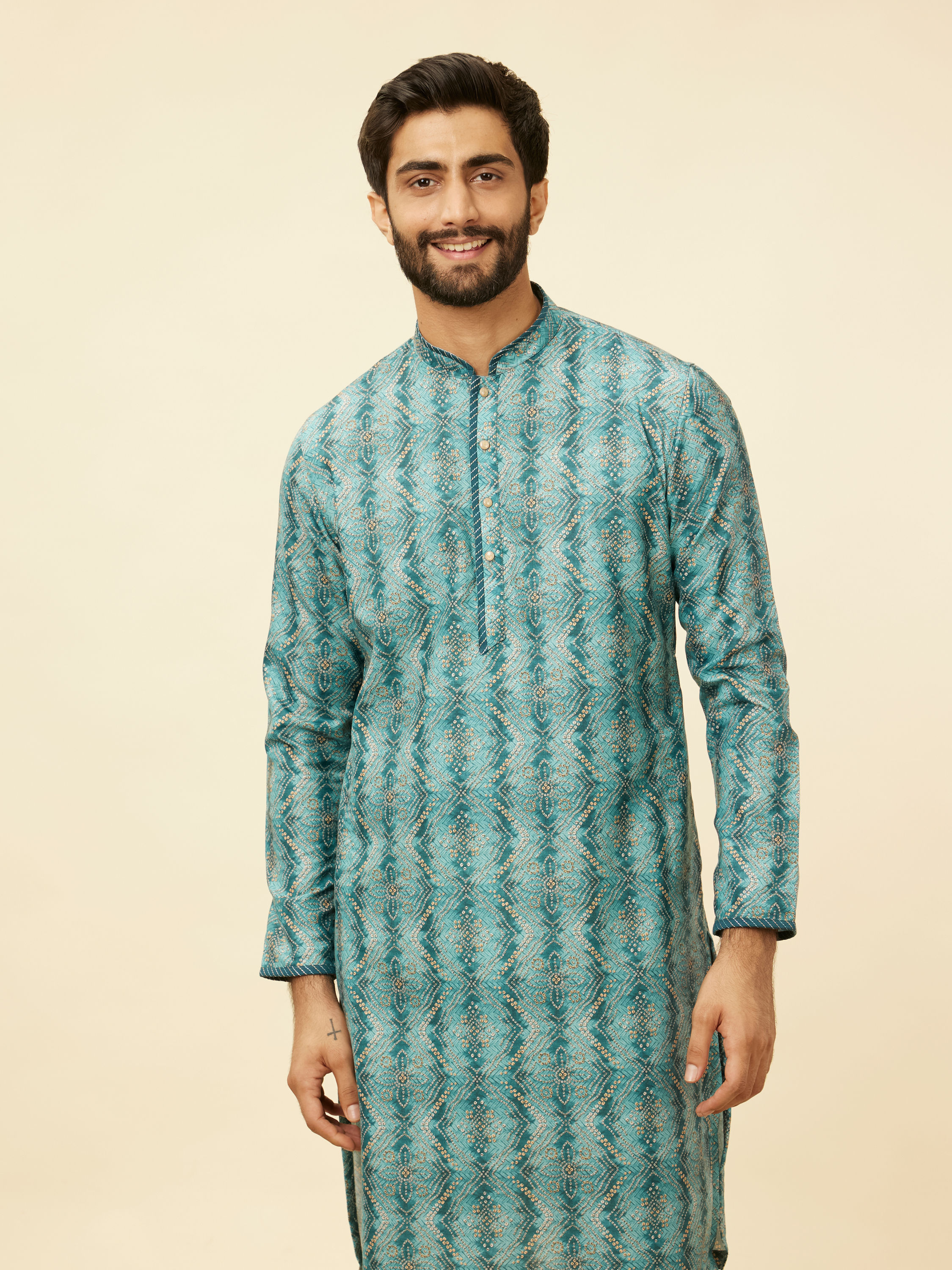 Manyavar Men Turquoise Geometric Floral Printed Kurta