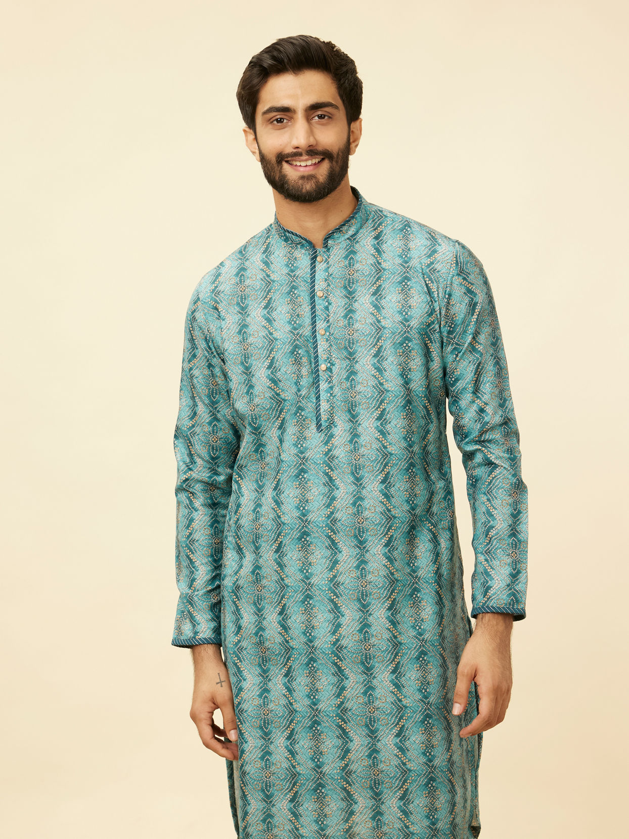 alt message - Manyavar Men Turquoise Geometric Floral Printed Kurta image number 0