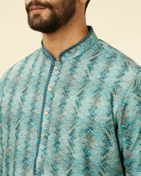 Manyavar Men Turquoise Geometric Floral Printed Kurta