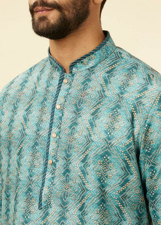 Manyavar Men Turquoise Geometric Floral Printed Kurta